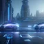 Placeholder: Renault Zoë, futuristic city, blue, symmetric, lights