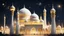 Placeholder: Hyper Realistic White-&-Golden-Mosque with beautifully-crafted-domes-&-minarets & light-lamp-stand at beautiful dark night with stars on sky & few men worshiping