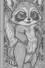 Placeholder: coloring book page of a magical raccon pokemon ,monochrome, black and white, sharp, sketch drawing