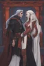 Placeholder: A couple from the dnd game curse of Strahd kissing. She has white hair he has long black hair.