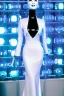 Placeholder: Technological singularity. Machine, fake smile, staring camera-eyes. 3D-tiling in adaptive background, lighted tower full of heads. Cyber-punk full-mask. Lay figure woman with plastic milky skin. Repugnant behavior towards a human. tippets. Haute Couture 1996. Light right. Colors are silver, black, Cyan. Huge headphones. golden rings. Thick tights, Thick calves, Curved fell, Wide hip. Secretly change her head to another, from the tower, which reveal her ugliness, haughty.