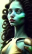 Placeholder: young girl, cute, beautiful, long curly hair, black hair, green alien skin, big flat nose, black eyes, big eyes, turquoise dress, head and shoulders portrait, 8k resolution concept art portrait by Greg Rutkowski, Artgerm, WLOP, Alphonse Mucha dynamic lighting hyperdetailed intricately detailed, avatar pandora