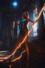 Placeholder: The female Shadow of Death using the staff of destruction. sexy. frightening. Horror. blue lightning and orange shadows. inside a temple. fantasy art, the naked truth, Cinematic lighting, Volumetric lighting, Epic color composition, octane render