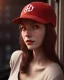 Placeholder: woman with a red baseball hat. leaning on a wooden balcony. night time. anime. studio lightining.