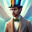 Placeholder: water color and spray painting fantasy art, portrait angel gentleman, dark hair,top hat, wearing glasses,holding harp, standing in portal to wet forest world from city world,poetry book illustration