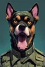 Placeholder: A soldier dog dressed in military combat uniform, digital illustration portrait, dog's face is snarling, aggressive, angry, Craig Miller , futuristic, pulp fiction graphic novel style