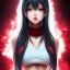 Placeholder: A lovely woman, An anime girl, black long hair, red eyes, red horns, black crop top, black shorts