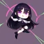 Placeholder: Clear focus,High resolution, Black long straight hair, and purple eyes, wearing a skirt,with stocking, with long boots on, Happy, Jumping, Half Chibi