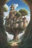 Placeholder: Anne Anderson, Mitsumasa Anno, Surreal, mysterious, strange, fantastical, fantasy, Sci-fi, Japanese anime, Baobab tree castle, glass sphere, boy and girl, detailed masterpiece, perspectives angles bird’s eye views