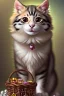 Placeholder: A knitted cute adorable smiling cat holding a basket of jewels and gems. His fur is realistic. The background is a romantic carpet bokeh digital painting extremely detailed studio lighting crisp quality and light reflections 8k cinematic lighting portrait photorealistic ultra detailed cinematic postprocessing focused