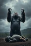 Placeholder: A gorilla standing with anger , looking up to the sky , raising both hands up like prayer. His son is laying dead on the ground, A cloudy stormy . 4k, dramatic scene,