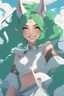 Placeholder: concept art of a beautiful smiling woman with green hair, by Krenz Cushart, clouds, detailed digital artwork, illustrative, key visual, highly detailed, cinematic composition, free, liberation, holy light, majestic, magical, devil wings, pointy dog ears, high contrast,