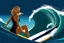 Placeholder: a beautiful girl surfer wearing nice body suit ,surfing in nice Ocean wave ,mountains at far distant,