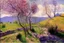 Placeholder: Sunny day, clouds, spring trees, spring influence, flowers, grass, prairie, stone walls, mountains, camille pissarro impressionism paintings