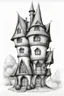Placeholder: A pencil sketch front elevation line drawing of a tall, narrow, twisted, mediaeval fantasy house.
