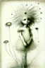 Placeholder: pencil and charcoal sketch of a cute happy little dandelion fairy girl, Mucha inspired emotional nature ephemeral sculptures of Andy Goldsworthy, tiny human form, essence captured as if created by surrealist photographer Noel S Osvald rendered in bright ombre colors, mixed with influences by John Bauer and Tim Burton, faded dark grey background, minimalistic art, with details that reflect advanced rendering techniques that push the drawing's realism even further Modifiers: trending on Artstation