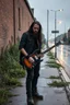 Placeholder: a very disappointed member with guitar case, dark long hair and beard of a death hard rock band who has been kicked out of a rehearsal space in Sweden, old factories style with bricks, deserted place overgrown plants and grass, he stands outside in the rain and cries, street lamps shining, raindrops, wind, empty roads and cycle paths next to it, really bad weather, "TIME TO GO HOME" on a sign