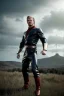 Placeholder: retro portrait image from 1960, sky background, wind, extra long blonde hair, fighting stance, young Chris Hemsworth, clean shave face, black dress, classic long tight lycra black suit, red cap, platinum lycra with scales on the arms, gold bracelet and belt, high boots, soft color, highly detailed, unreal engine 5, ray tracing, RTX, lumen lighting, ultra detail, volumetric lighting, 3d, finely drawn, high definition, high resolution.