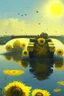 Placeholder: yellow water of lake with bridge of sunflowers and tanks and in fuggy sky with dim sunlight