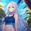 Placeholder: Clear focus, High resolution, Medium length fluffy hair, blue eyes, wearing a swimsuit crop top