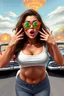 Placeholder: an young woman leaning forward(cropped tightly from between nose and stomach, white top with wide neck opening, cleavage, hands at face with surprised expression, home alone scream, wavy hair, large cheep colorful sunglasses, gloss lips), nuclear explosion and classic Cars in background, greaser, digital painted illustration