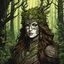 Placeholder: create a female shadowed spirit hunteress , with highly detailed, sharply lined facial features, in the deep forest of Brokilon , finely drawn, boldly inked, in vibrant, soft woodland colors, otherworldly and beautiful