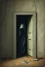 Placeholder: Bosch painting style nightmare, a wall with An open big door behind the door is a hooded ghost creature
