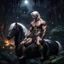 Placeholder: Hyper Realistic shirtless handsome muscular prince sitting on a black horse with white hair in a dark jungle with fireflies at a dark night