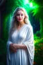 Placeholder: Realistic digital art, full body portrait, ethereal, mature, beautiful and attractive young Norwegian, cute nose, brown hair and white hair, long wavy braided hair, full lips, sweet smile, light natural makeup, wearing a white wrap dress, Nordic patterns, long wavy hair, malachite colored eyes, digital art, masterpiece, trending on artstation, volumetric lighting, triadic color,April, Summer Fashion, smooth soft skin, curly hair, detailed eyes, detailed face, looking into camera, intricate, summ