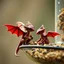 Placeholder: small fantastical baby winged red dragons standing on the lip of a hanging birdfeeder eating the seed, Cinematic film still, shot on v-raptor XL, film grain, vignette, color graded, post-processed, cinematic lighting, 35mm film, live-action, best quality, atmospheric, masterpiece, epic, stunning, macro photo