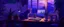 Placeholder: cat cozy purple computer desk night time window plants art stuff lights