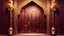 Placeholder: Hyper Realistic Photographic-View Of A Fancy Door Of A Maroon-Mosque-Door-with-beautifully-detailed-glowing-golden-Islamic-Architctural-design with-fancy-lamps-on-walls showing dramatic & cinematic ambiance.