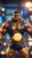 Placeholder: black hunk Abobo from double dragon holding up a big golden coin with a print of himself ,bokeh like f/0.8, tilt-shift lens 8k, high detail, smooth render, down-light, unreal engine, prize winning