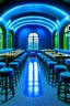 Placeholder: A restaurant whose outer walls are oval in shape, the color of the inside is blue, and its floor is light, with a bar table in the middle of the restaurant in the shape of an oval, containing 30 chairs without windows.