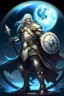 Placeholder: Please create an image for a 30-year old aasimar male with silver hair and a short, square beard and blue eyes but no explicit celestial features. He is a cleric, and standing in the moonlight wearing plate armor and wielding a shield and a warhammer. His equipment carries motifs of the crescent moon