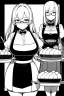 Placeholder: waitress carries tray with glasses in a cafe bar, line arts, greyscale