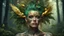 Placeholder: dark background, punk 45 years old, forest on the head, plant hair, green plants, bright colors, golden birds, golden makeup, tattoo, metal, shiny aura, very detailed, fine rendering, high detail, high resolution, 8K