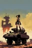 Placeholder: Far away, on the distant horizon where the wastelands met the sky, a small but unmistakable figure came into view. She was perched atop a hulking, makeshift vehicle, a ragtag tank that seemed to defy the very laws of mechanics. Her silhouette, framed by the dying embers of the day, was instantly recognizable. Tank Girl, a symbol of defiance and rebellion in this desolate world, rode the contraption with a wild, untamed spirit. Her hair, a shock of colorful disarray, billowed in the wind as she s