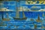 Placeholder: A blue savage ocean with pirate ships designed in ancient Roman mosaics painted by Paul Klee