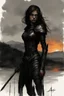 Placeholder: A formidable warrior girl in black armor, on the background Amazing gloomy landscape, flooded with sunset, mountains, trees, fabulous scary hero, , juicy emotions, painting, dark fantasy, gloomy day, dark world, portrait, A Quick Pencil Sketch Of A Portrait Of A 20 Years Old Woman; By Alex Maleev