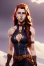 Placeholder: concept illustration, ultra-realistic, super-detailed, strikingly beautiful teen female, 16 years old, long ginger hair, medium freckles, full lips, full body, full face, b-cup breasts, athletic, centred camera, ignore NSFW, skimpy brown armor, halter top, thong, stern expression