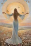 Placeholder: back view of a woman in a long dress with straps, long hair, arms outstretched, welcoming the rising sun, beautiful painting, textures, pastel colors, vintage, pale sky, rising sun, light globes, butterflies, gratitude, stunning image