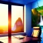Placeholder: large desk, parquet, sheet of paper, little pen, office chair in front of a huge picture window with large view on a waterfall with warm light, sunset ,photorealistic, panorama, nature, globe, HD, Hallelujah mountains, view first person