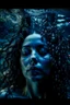 Placeholder: a beautiful woman, long curly black hair,closed eyes,coming from beneath the water,braking the surface with her face just coming out the water,looking up symbolism for breaking free. realistic,8k quality, action close shot from areal view,highly detailed , chaos 80