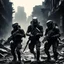 Placeholder: a bloody xenomorph [vintage style noisy scratches glitches, Shot the texture and then rewound the film and double exposed] In the midst of the destroyed city, the two US Marine soldiers move with precision in tight formation across the ruins, while the alien xenomorphs lurk in the darkness. Their eyes scanning the shadows as they sought to avoid being surprised by the deadly foes that could strike at any moment.