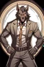 Placeholder: Buff, anthro, wolf, himbo, black fur, gold eyes, wearing a suit, full-body, muscles, strong, muscular, man boobs, bulky, tail, dark fur, smug grin, hands on hips,