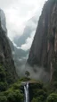 Placeholder: A trail between two mountains peaks in the Amazon side view , , below is a huge wood top view , foggy, misty , adventures, a beautiful waterfall at the end of the picture