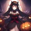 Placeholder: Clear focus, high resolution, black long fluffy hair, red eyes, wearing a halloween outfit