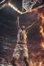 Placeholder: 8k, highly realistic and detailed image of a NBA basketball player in action dunking the ball in the net, sweaty hair, screaming look,action and smoke and flames background