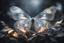 Placeholder: diaphanous transparent light butterfly with glowing center on dark grey leaves, ethereal, otherwordly, cinematic postprocessing, bokeh, dof